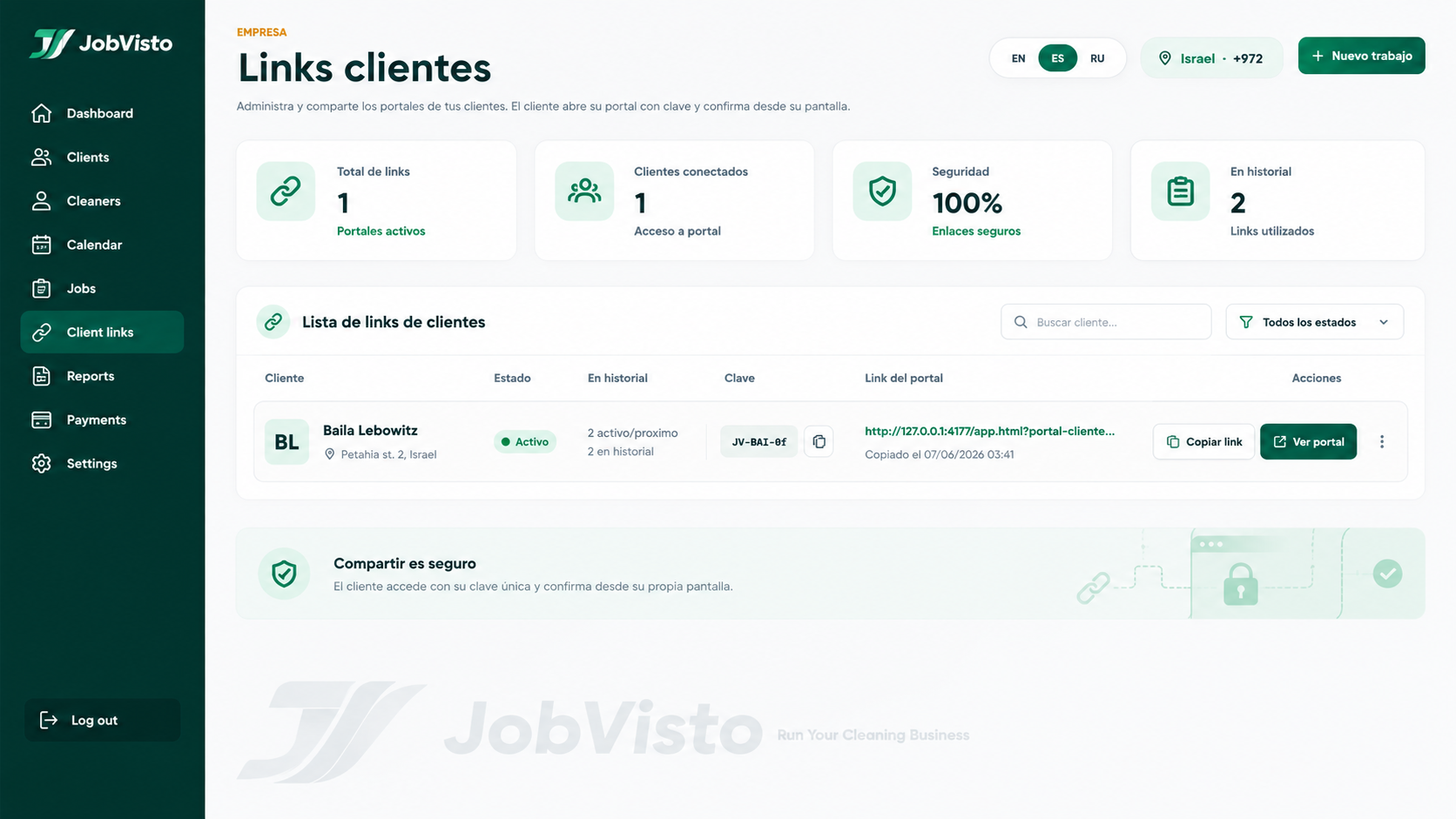 Pantalla real de evidencia y firma del cliente en JobVisto